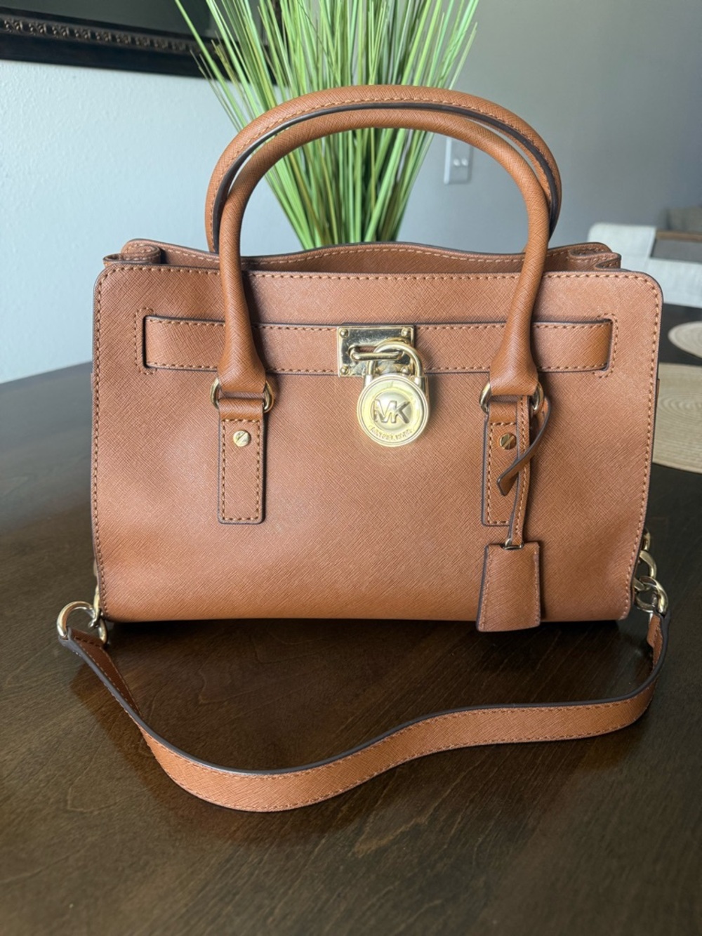 Michael Kors Cognac Saffiano Leather Satchel with Gold Hardware